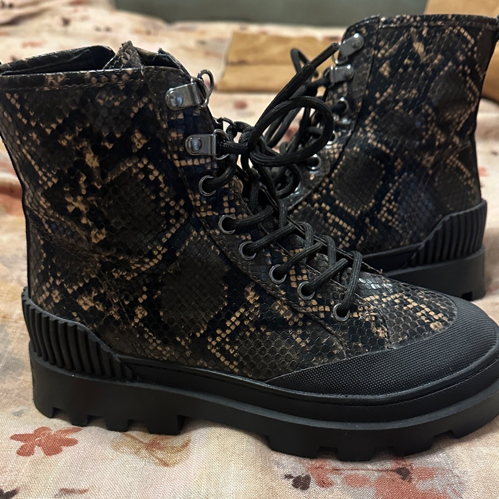 Circus by Sam Edelman Black and Brown Snake Print Combat Boots